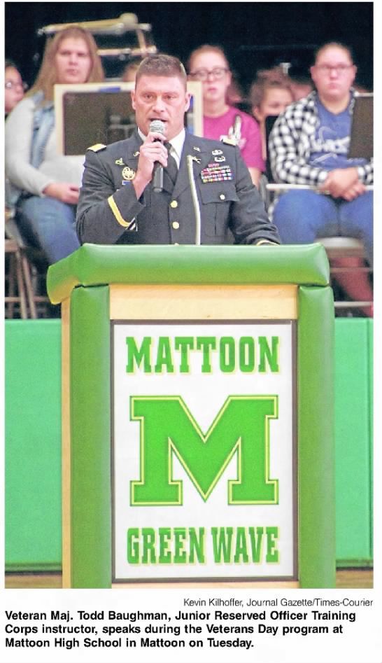 Veteran Maj. Todd Baughman speaks at Mattoon High School
